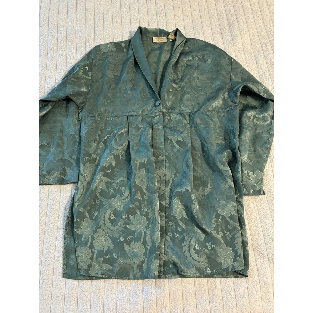 Victoria's Secret Pajama Top Women's P/S Green Satin Floral Button Dress Tunic